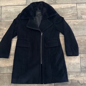 Talbots Elegant Black Trench Coat with Plush Collar